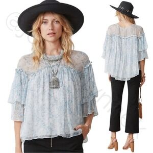 FP Stevie May Floral Georgette Tiered Ruffle Babydoll Blouse Top Light Blue - S